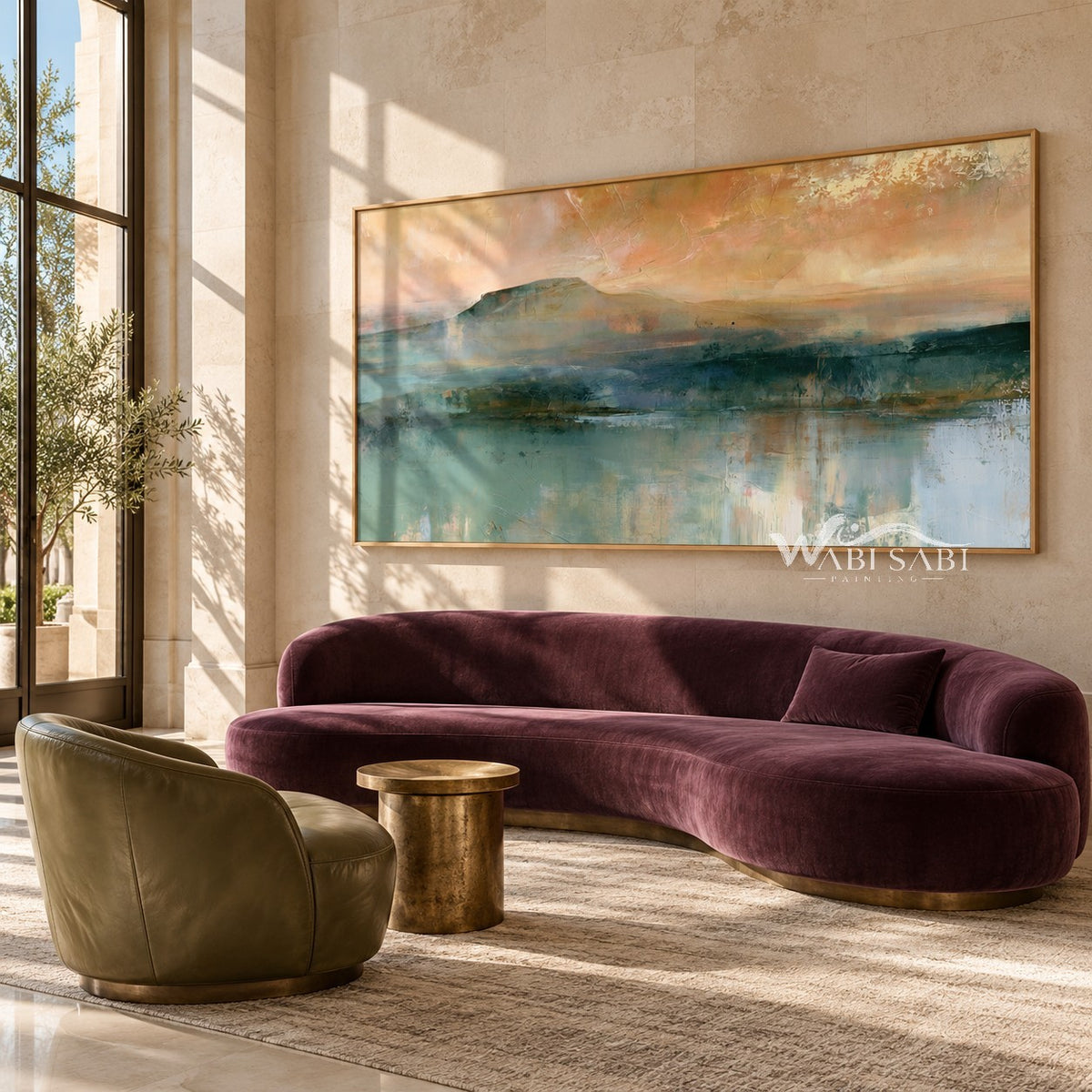 Teal Mountain Lake beneath a Peach Sky shown above a burgundy sofa.