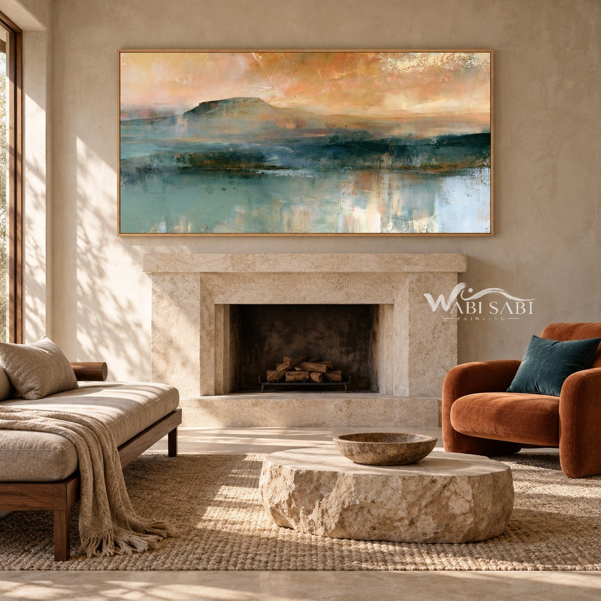 Teal Mountain Lake beneath a Peach Sky shown above a fireplace.