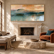 Teal Mountain Lake beneath a Peach Sky shown above a fireplace.