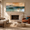 Teal Mountain Lake beneath a Peach Sky shown above a fireplace.