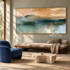 Teal Mountain Lake beneath a Peach Sky shown above a bed with neutral bedding.