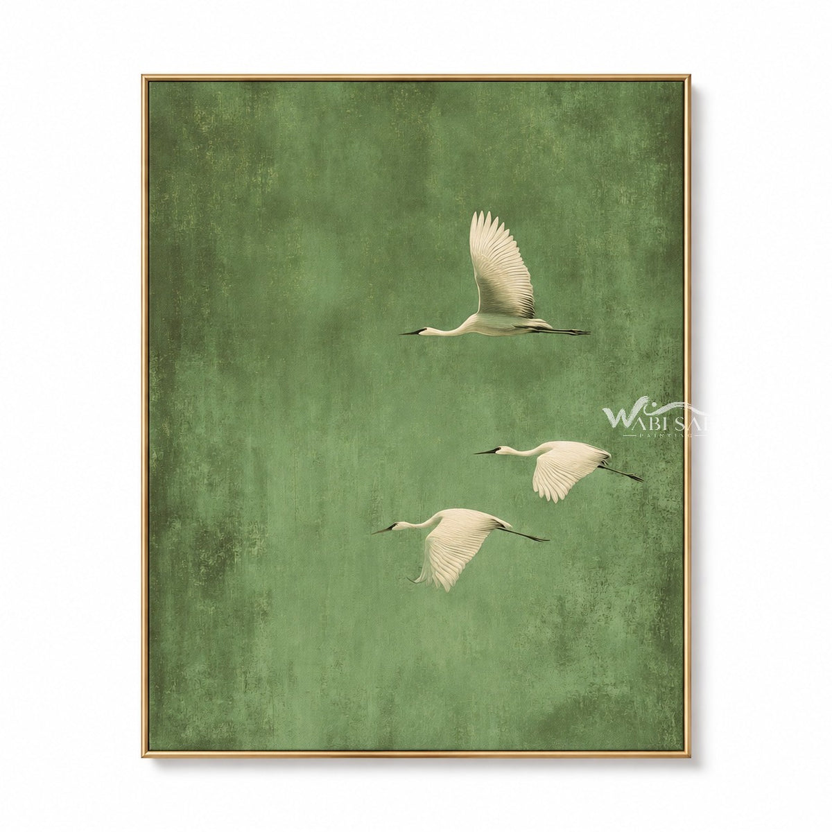 Three white birds in flight in green, white. Muted green background.