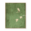Three white birds in flight in green, white. Muted green background.