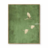 Three white birds in flight in green, white. Muted green background.
