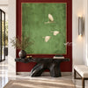 Three White Birds on Muted Green Wall Art shown above a dark console.