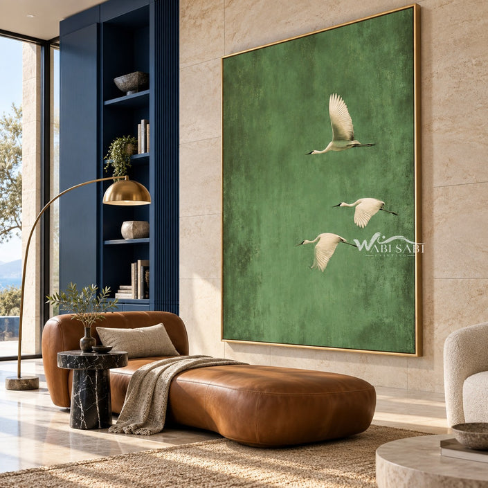 Three White Birds on Muted Green Wall Art shown above a low brown lounge seat.