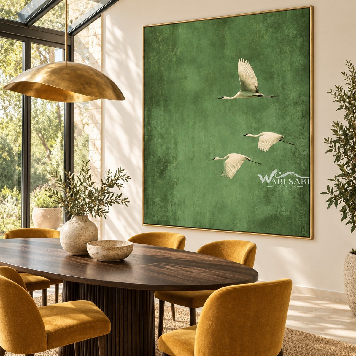 Three White Birds on Muted Green Wall Art shown behind a dining table.