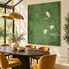 Three White Birds on Muted Green Wall Art shown behind a dining table.