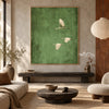 Three White Birds on Muted Green Wall Art shown above a long dark bench.