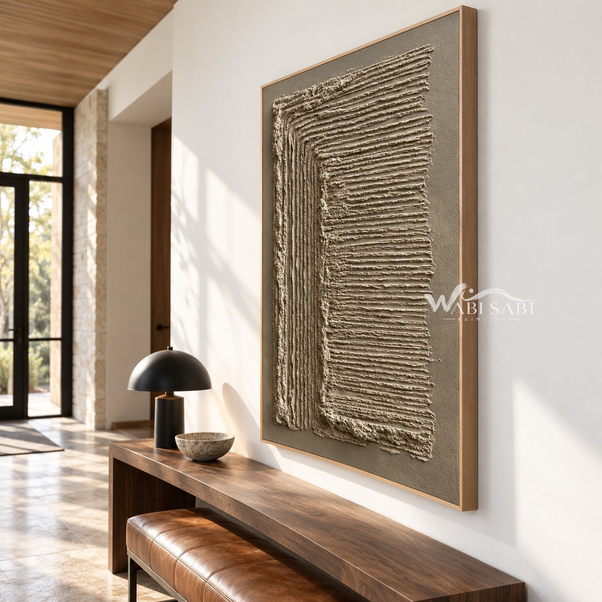 Turning Lines in Taupe Canvas shown above a bench.