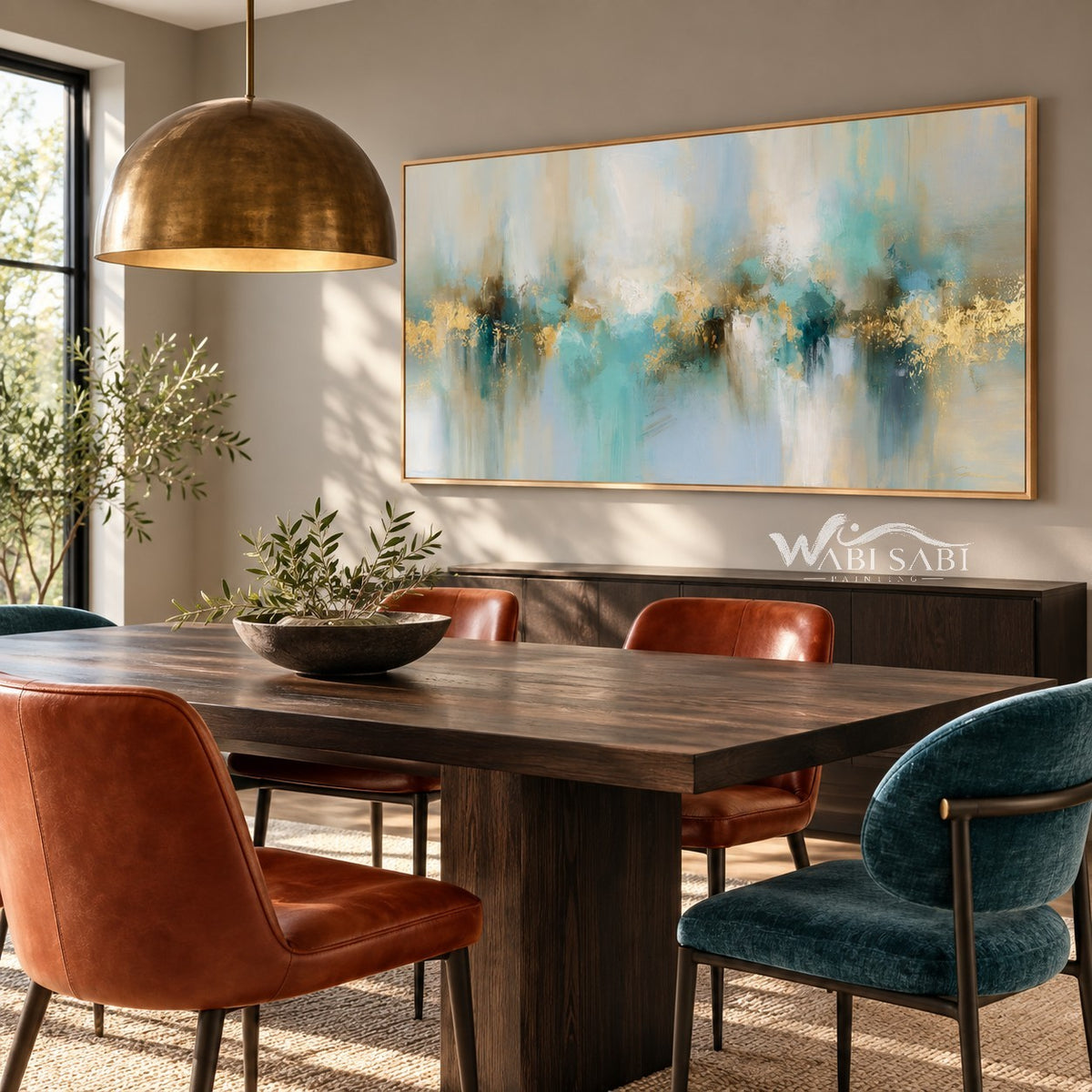 Turquoise Reflections and Gold Horizon Wall Art shown above a dining table with colorful chairs.
