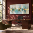 Turquoise Reflections and Gold Horizon Wall Art shown above a desk on a dark red wall.