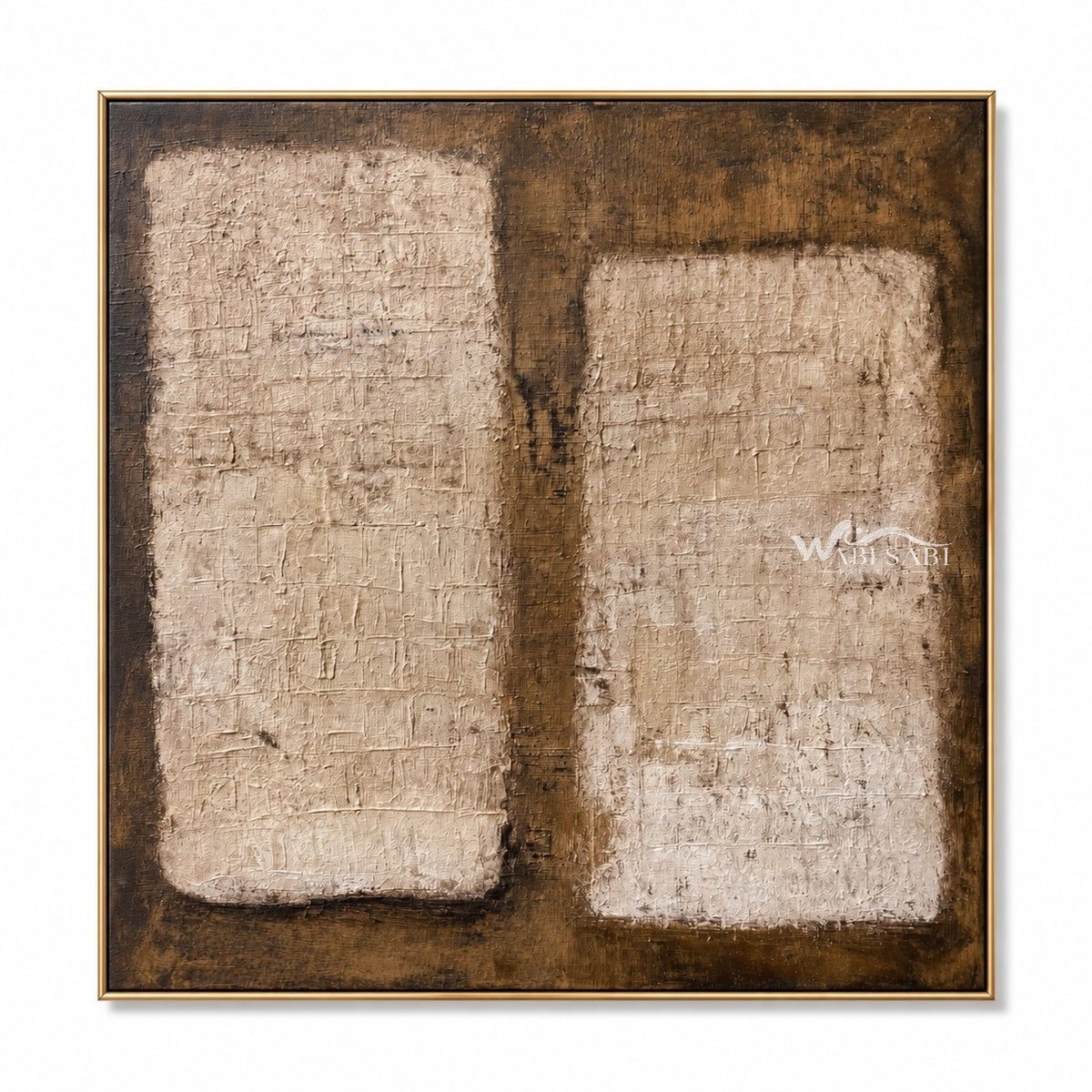 Two rectangles within one painting in cream, brown. Taller cream block on the left.