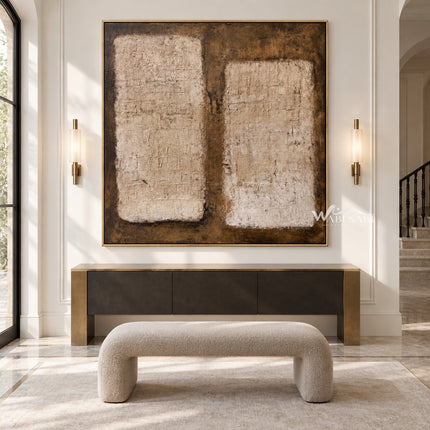Two Cream Blocks on Brown Abstract Wall Art shown above a fireplace and pale bench.