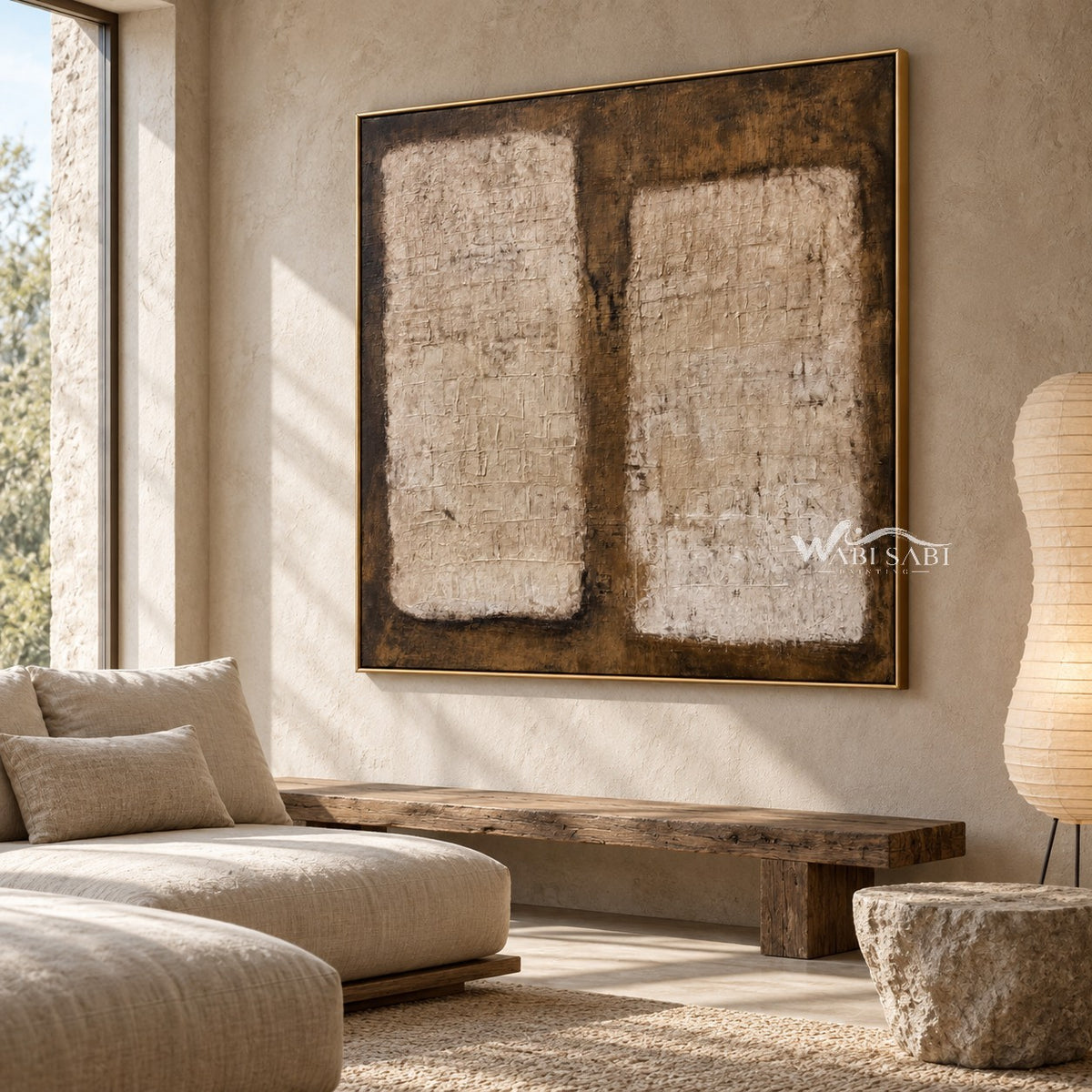 Two Cream Blocks on Brown Abstract Wall Art shown above a long pale bench.