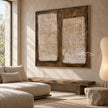 Two Cream Blocks on Brown Abstract Wall Art shown above a long pale bench.