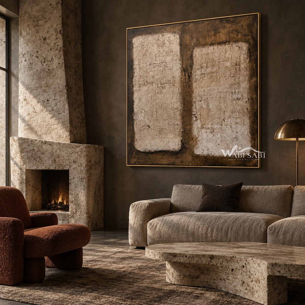 Two Cream Blocks on Brown Abstract Wall Art shown above a fireplace.