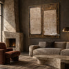 Two Cream Blocks on Brown Abstract Wall Art shown above a fireplace.