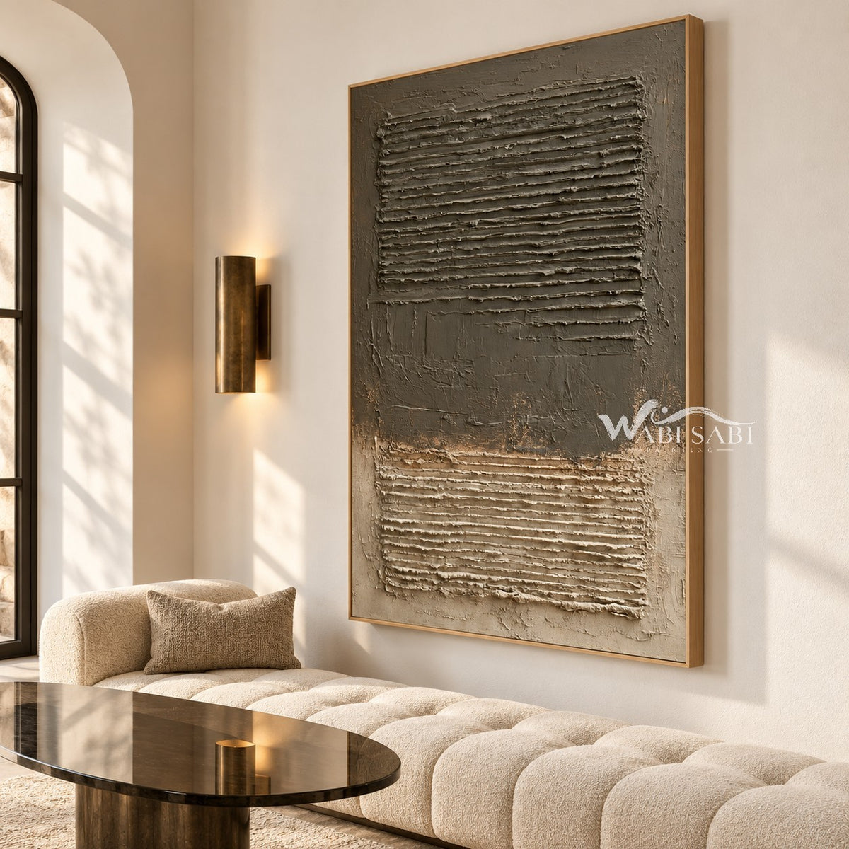 Two Fields in Earth Tones shown above a sofa.