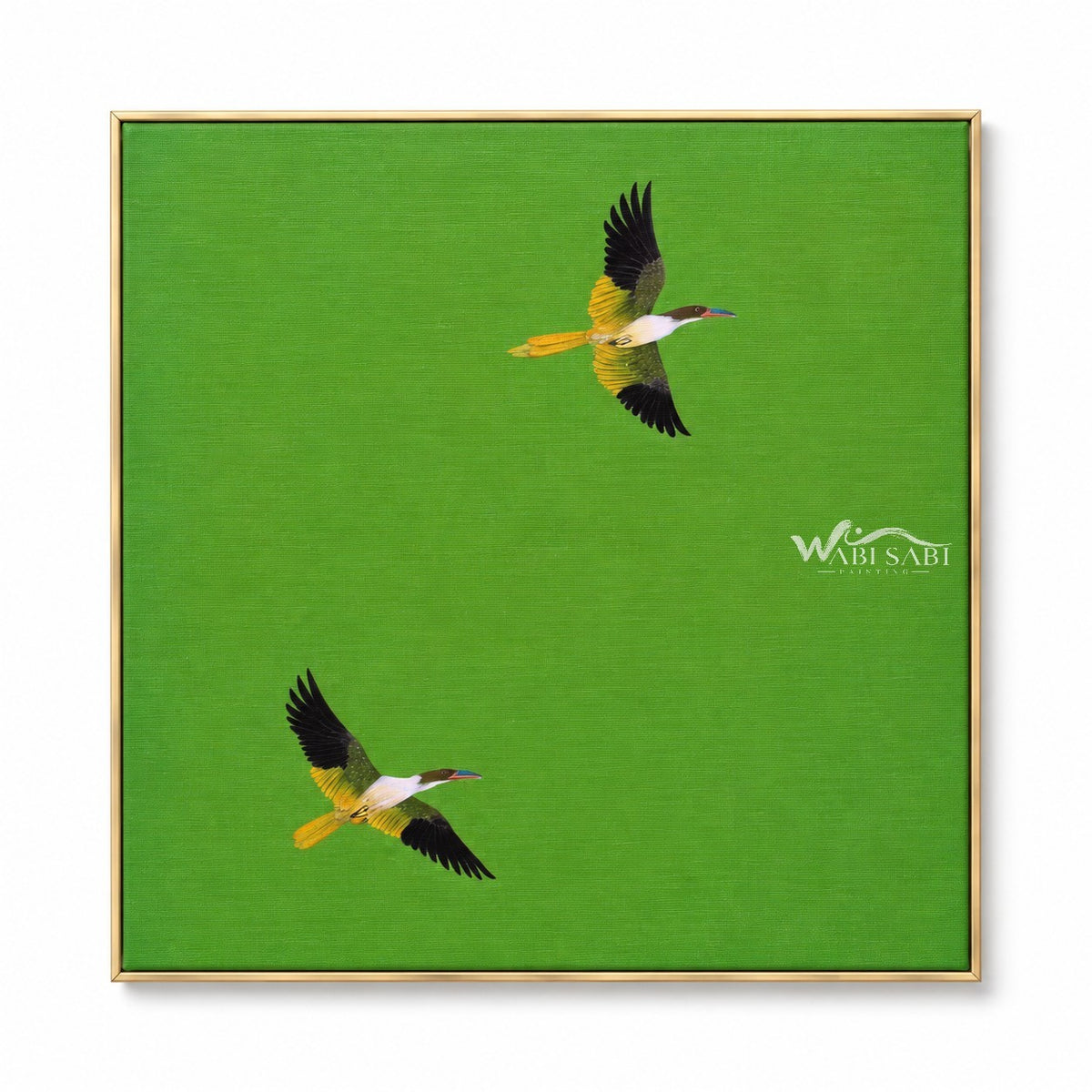 Two birds in flight in green, yellow, white, black. Bright green background.