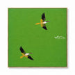 Two birds in flight in green, yellow, white, black. Bright green background.