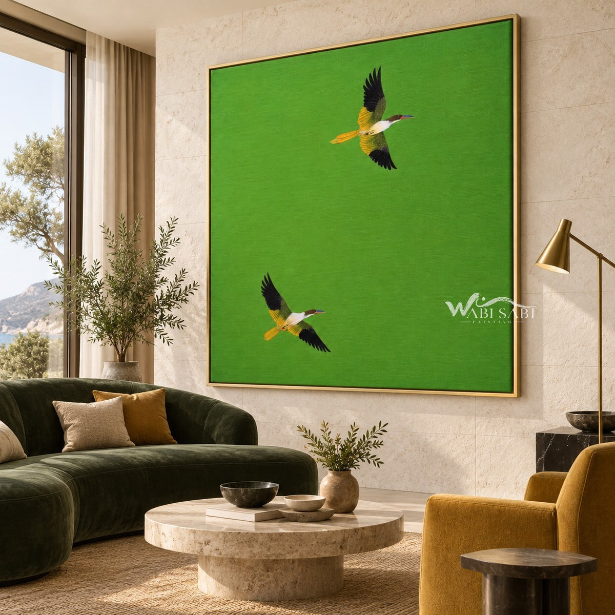 Two Flying Birds on Bright Green Wall Art shown above a green sofa.