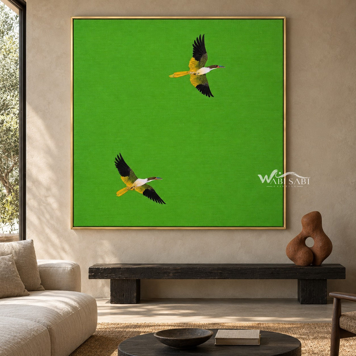 Two Flying Birds on Bright Green Wall Art shown above a low wood bench.
