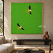 Two Flying Birds on Bright Green Wall Art shown above a low wood bench.