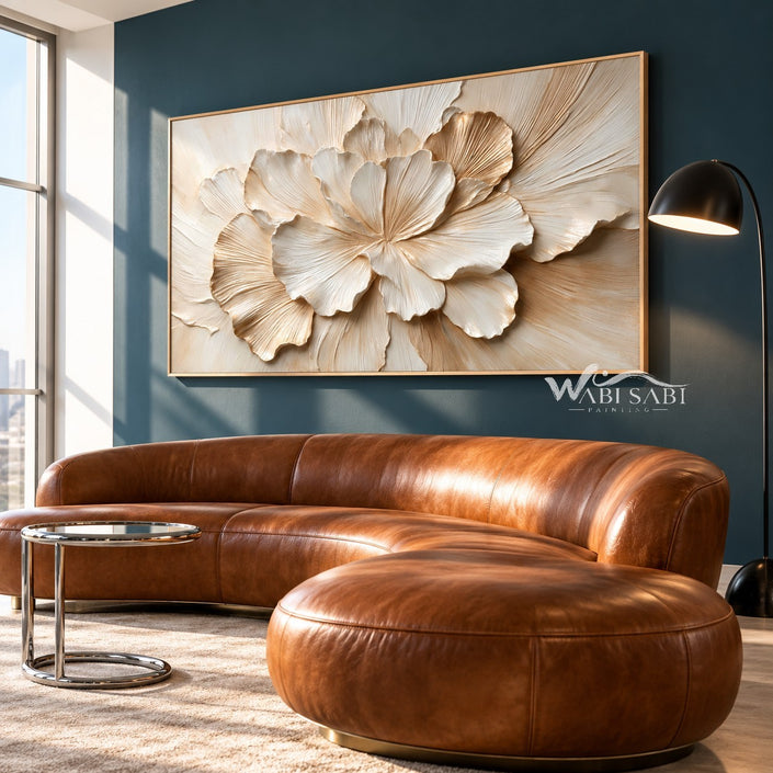 Unfolding Cream Blossom Painting shown above a sofa.