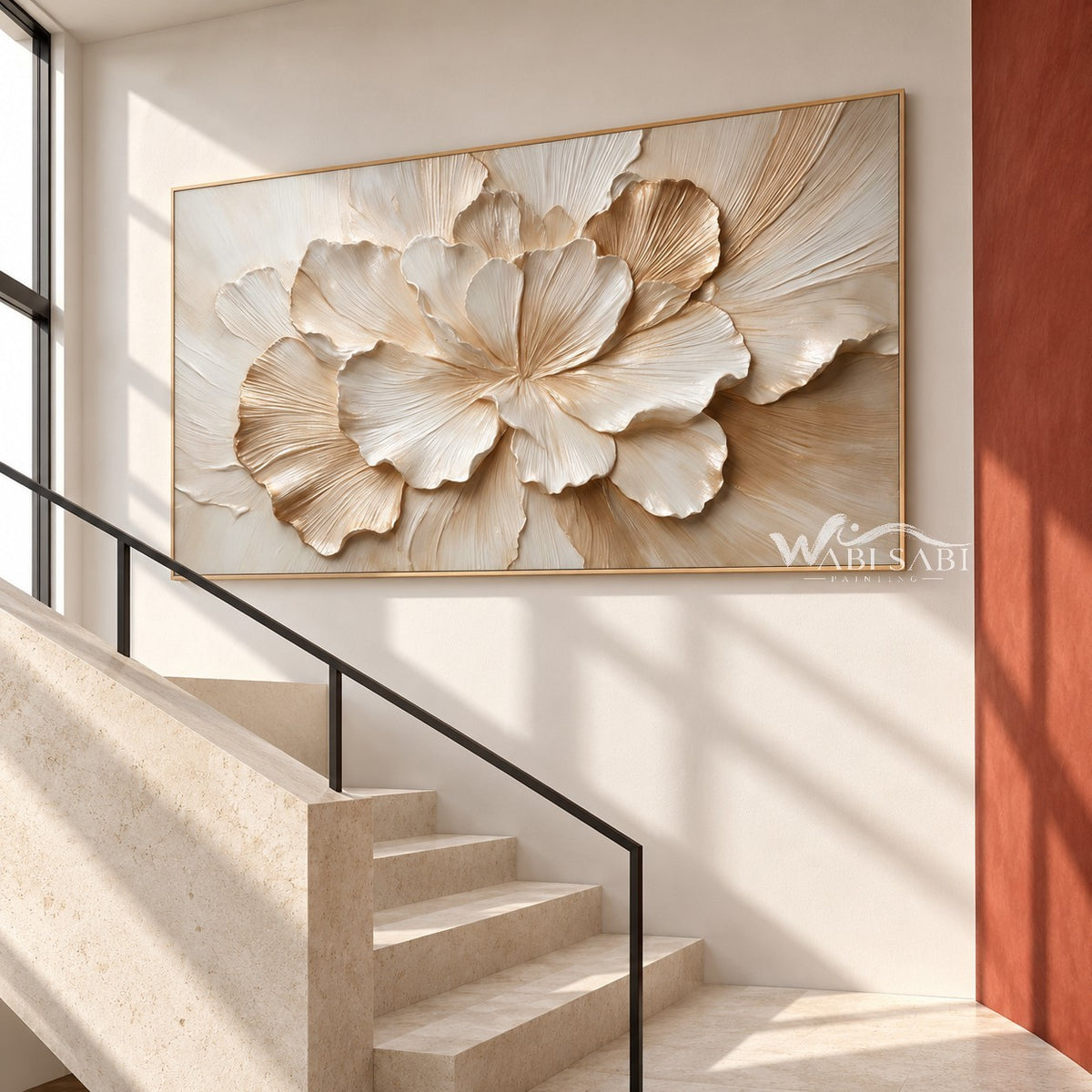 Unfolding Cream Blossom Painting shown beside a staircase.