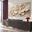 Unfolding Cream Blossom Painting shown above a console.