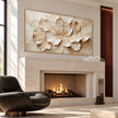 Unfolding Cream Blossom Painting shown near a fireplace.