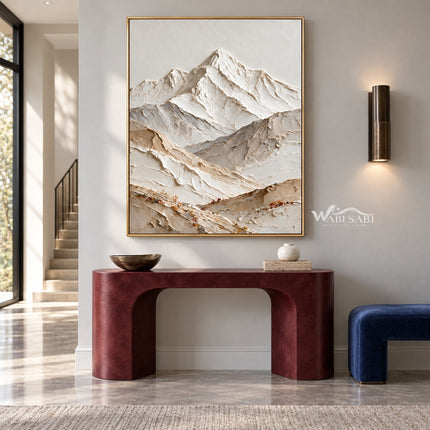 Vertical Ivory Mountain Valley Wall Art shown above a red console.