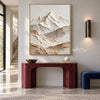 Vertical Ivory Mountain Valley Wall Art shown above a red console.