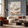 Vertical Ivory Mountain Valley Wall Art shown above a cream sofa.