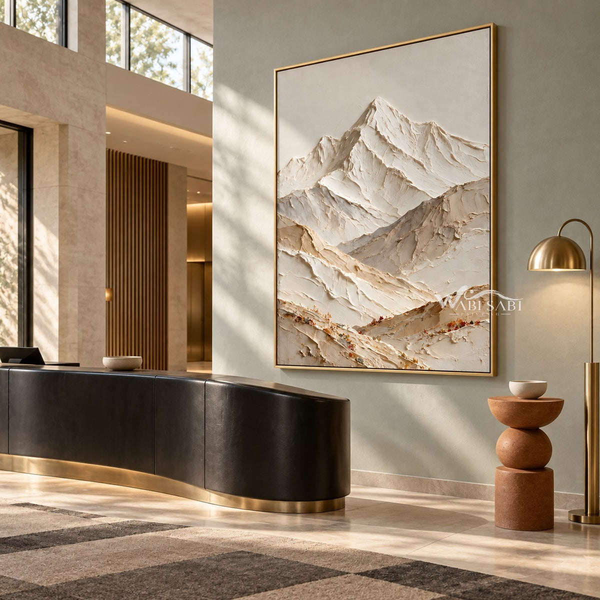 Vertical Ivory Mountain Valley Wall Art shown above a curved dark counter.