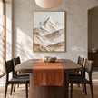 Vertical Ivory Mountain Valley Wall Art shown behind a wood dining table.