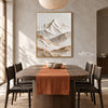 Vertical Ivory Mountain Valley Wall Art shown behind a wood dining table.