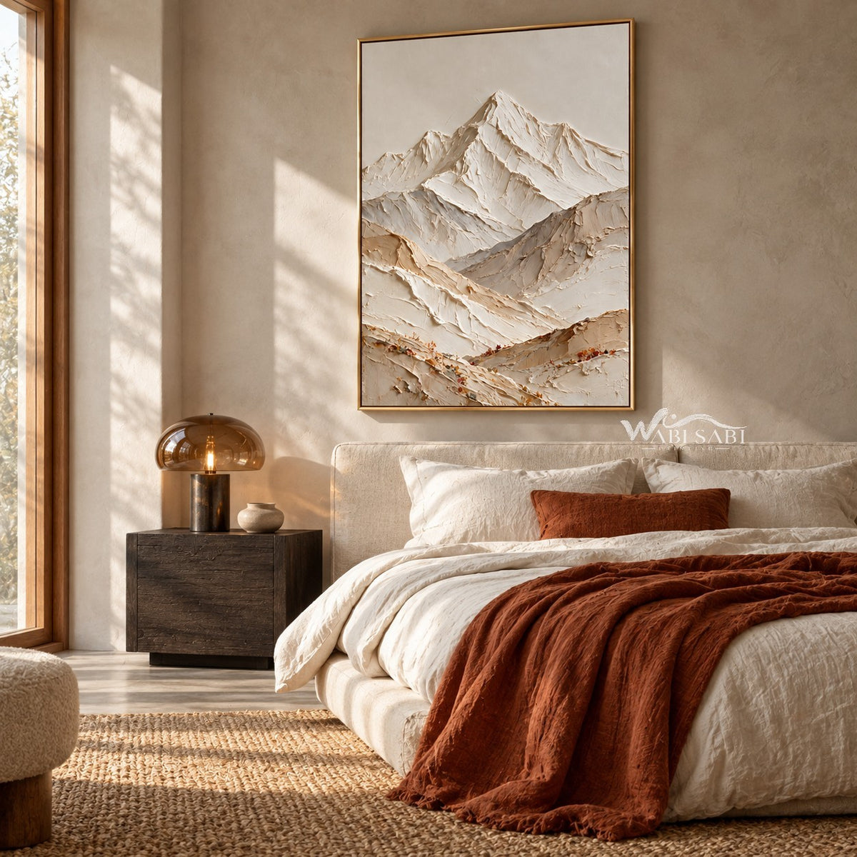 Vertical Ivory Mountain Valley Wall Art shown above a bed with a rust-colored throw.