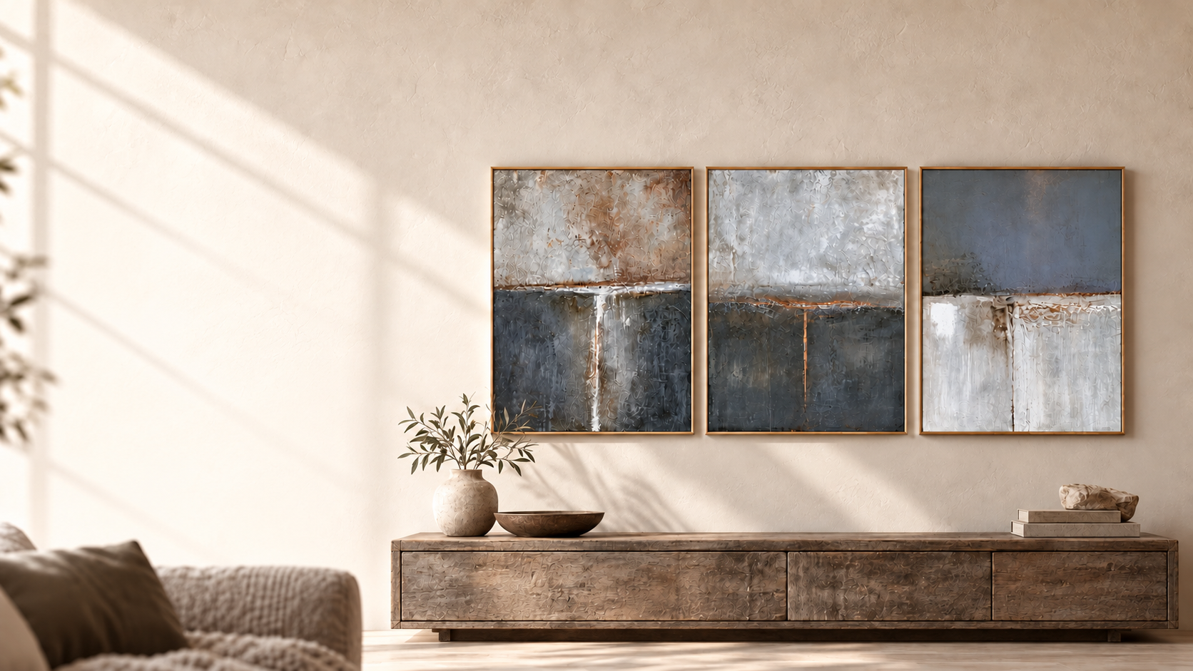 Wabi Sabi Painting — textured paintings in a warm, sunlit interior