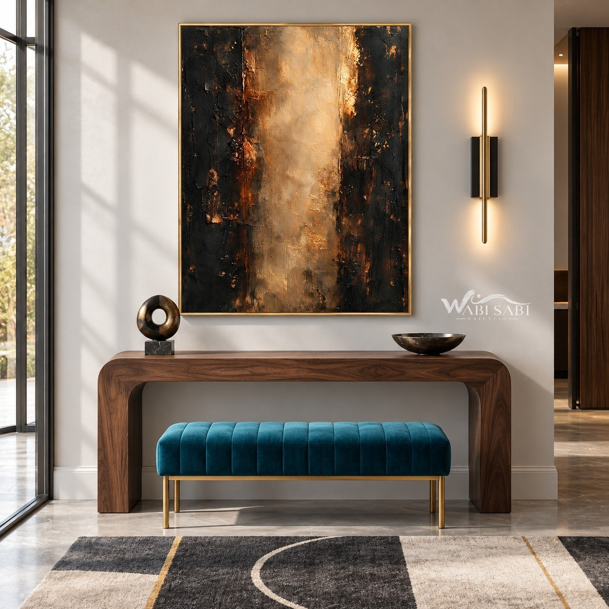 Warm Gold Color Column Abstract Wall Art shown above a console and teal bench.