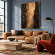Warm Gold Color Column Abstract Wall Art shown above a tan sofa.