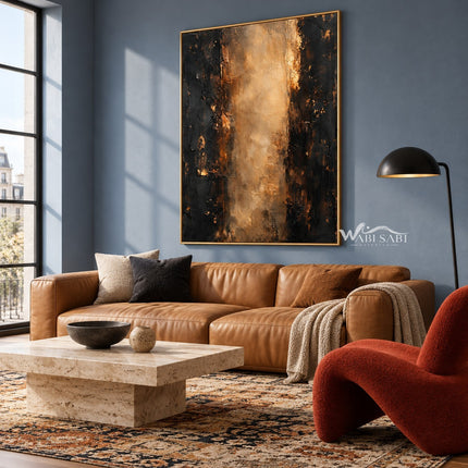 Warm Gold Color Column Abstract Wall Art shown above a tan sofa.
