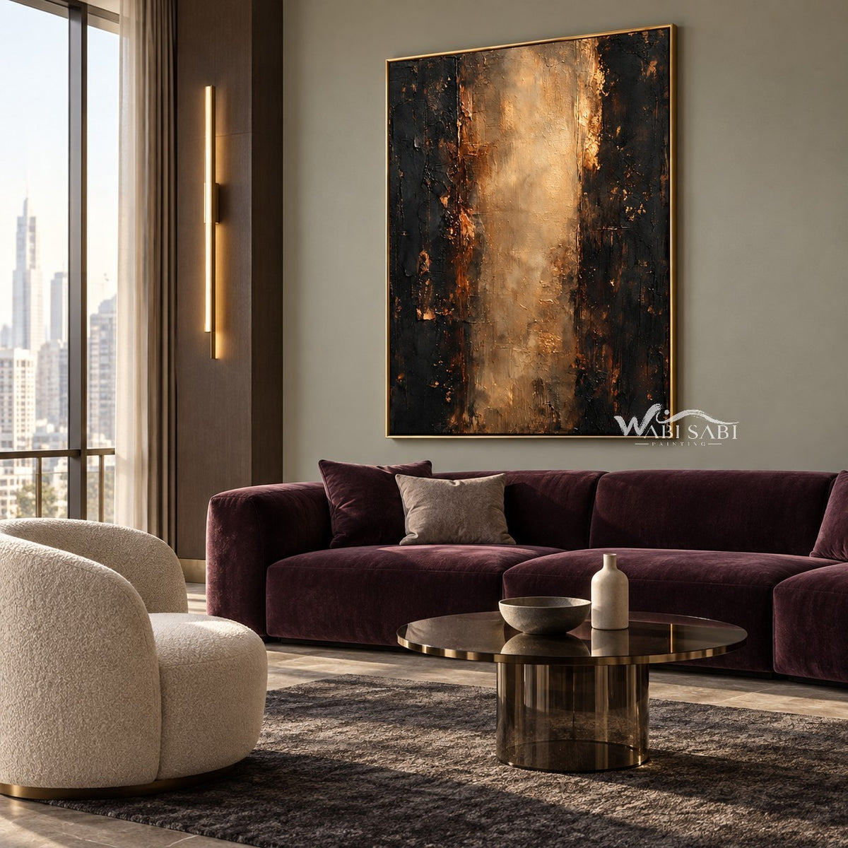 Warm Gold Color Column Abstract Wall Art shown above a burgundy sofa.
