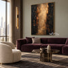 Warm Gold Color Column Abstract Wall Art shown above a burgundy sofa.