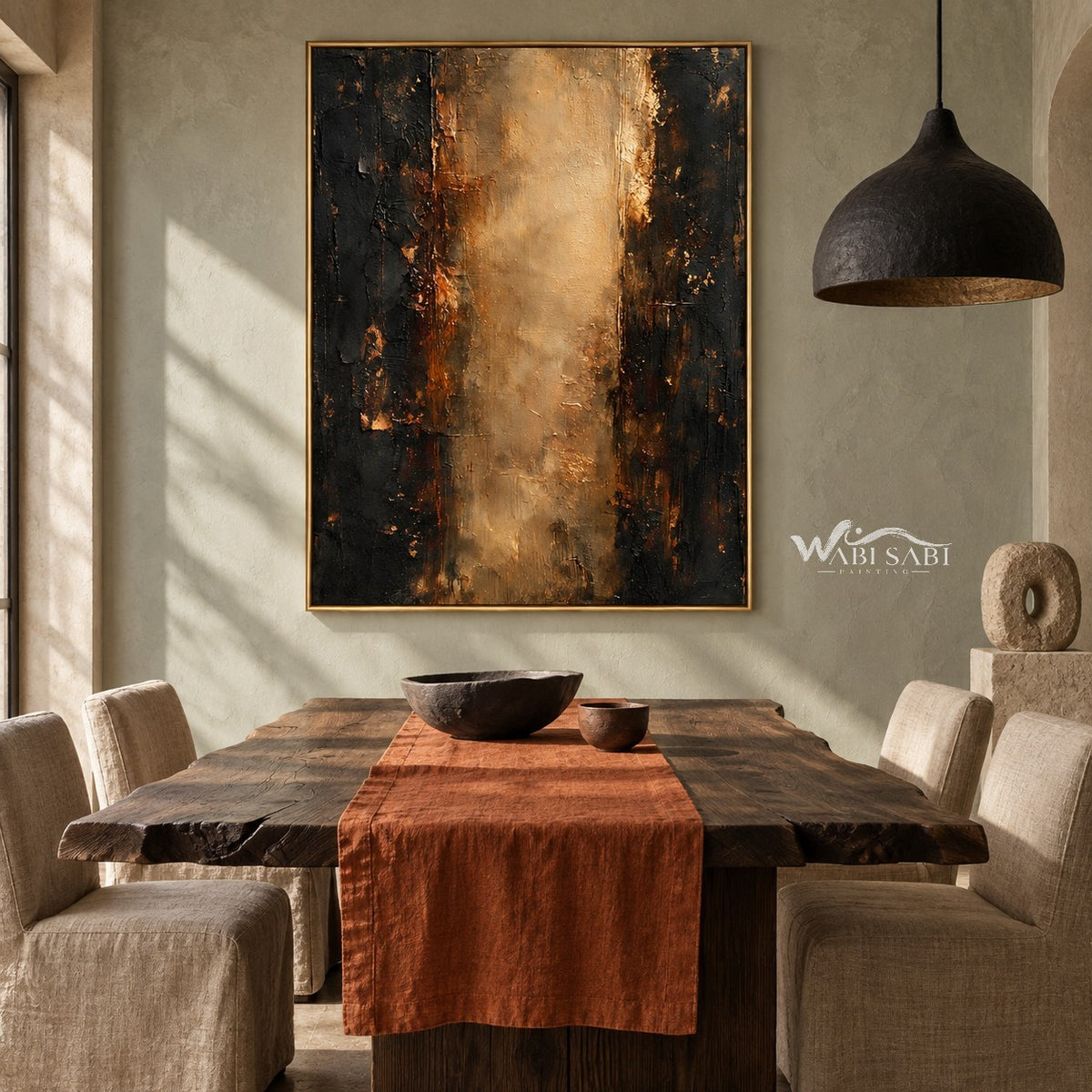 Warm Gold Color Column Abstract Wall Art shown behind a dining table.