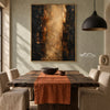 Warm Gold Color Column Abstract Wall Art shown behind a dining table.