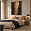 Warm Gold Color Column Abstract Wall Art shown above a bed with pale bedding.