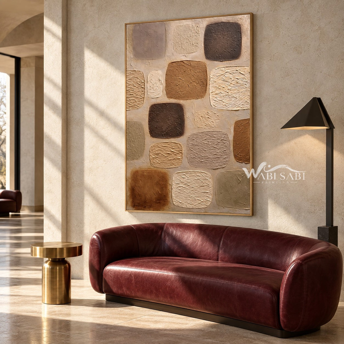Warm Neutral Rounded Blocks Painting shown in a living room with a sofa.