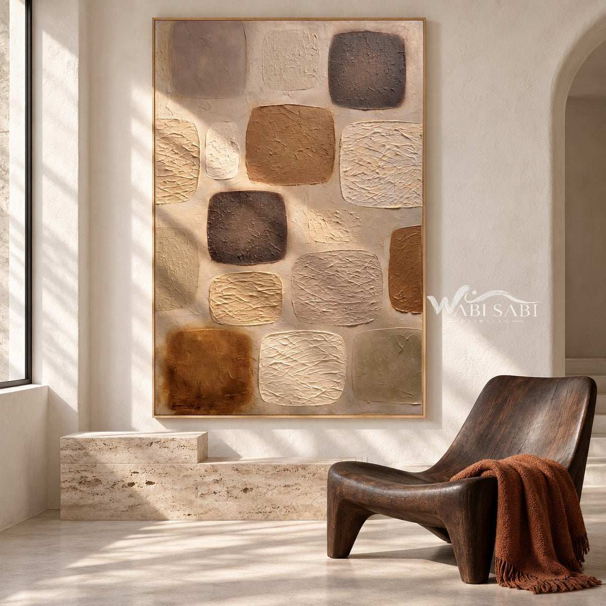 Warm Neutral Rounded Blocks Painting shown in a reading area.